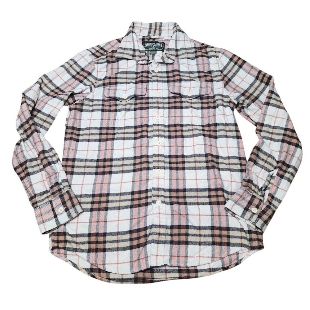 American Eagle Mens Small Pink Brown White Plaid Flannel Button Down Shirt S 780